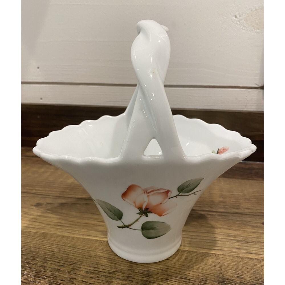 Vintage White Milk Glass Basket with Pink Roses